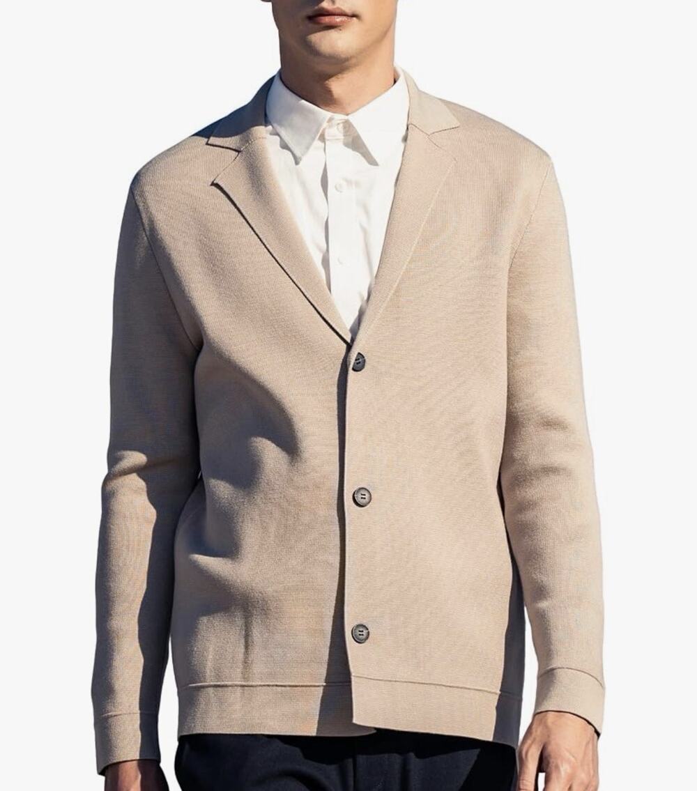 Men's Light Beige Button-Front Cardigan Sweater